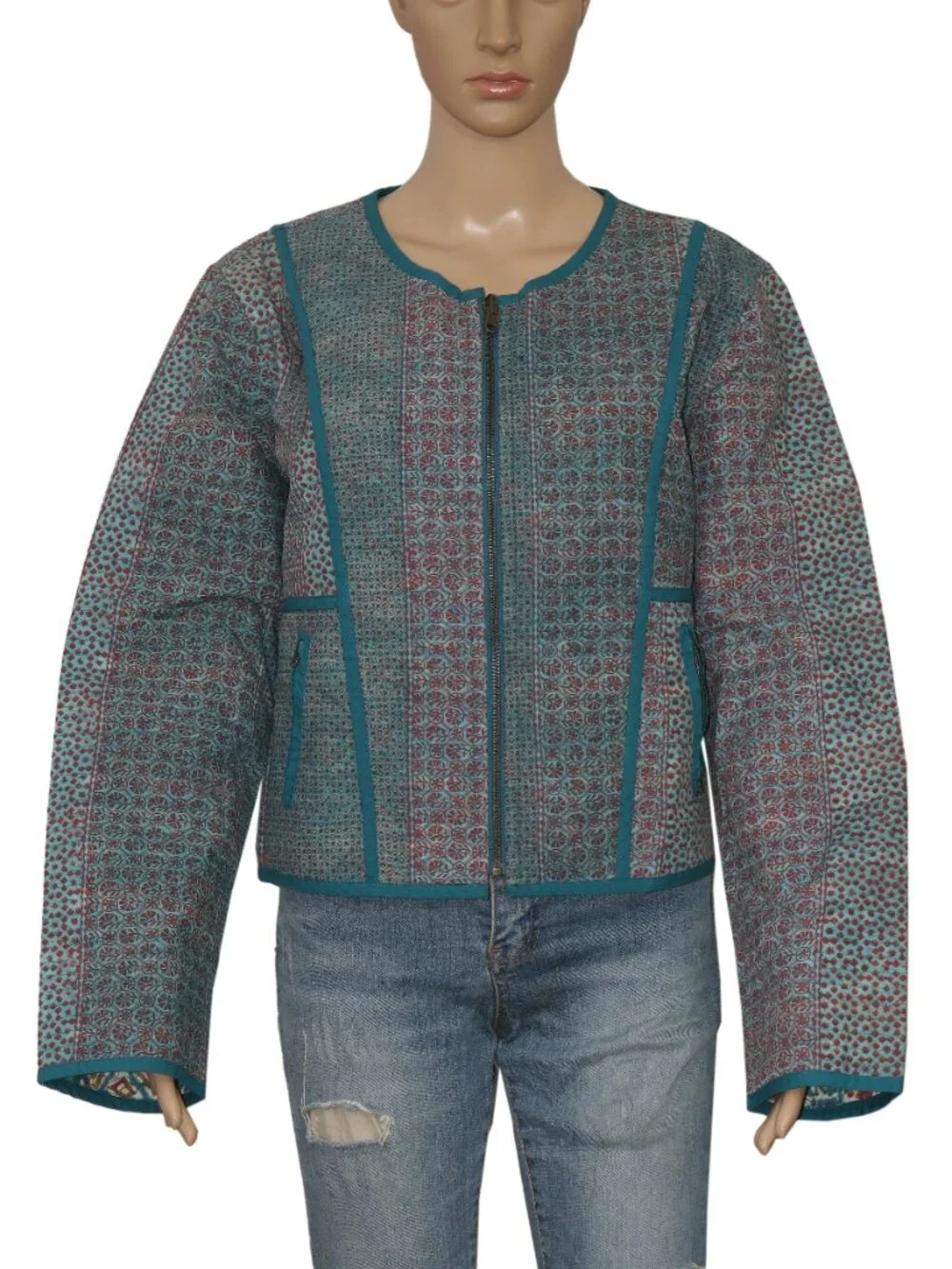 Peruvian Connection Anya Reversible Jacket Block Print Floral Zip L